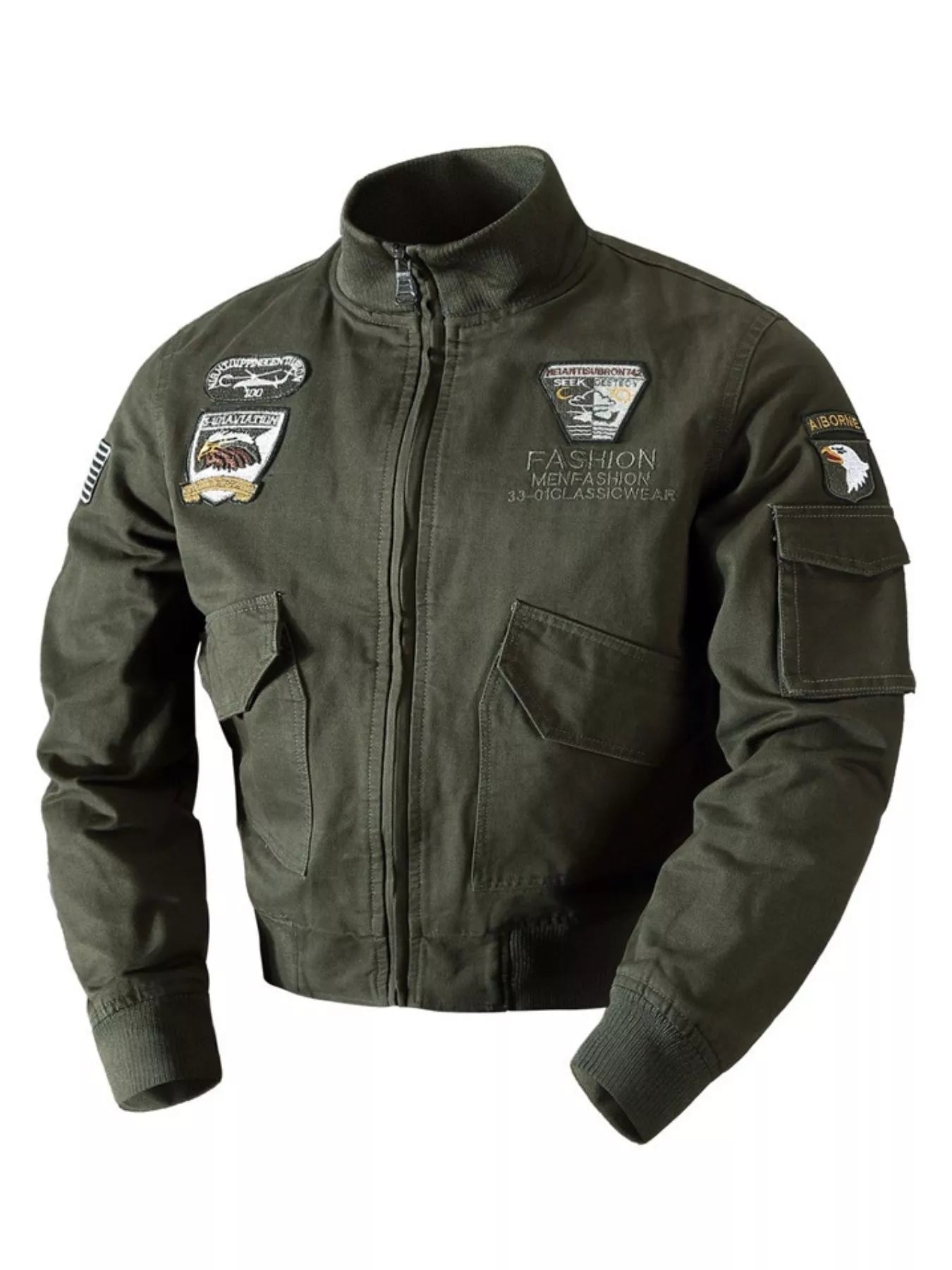 Army green cotton bomber jacket with patches and utility pockets