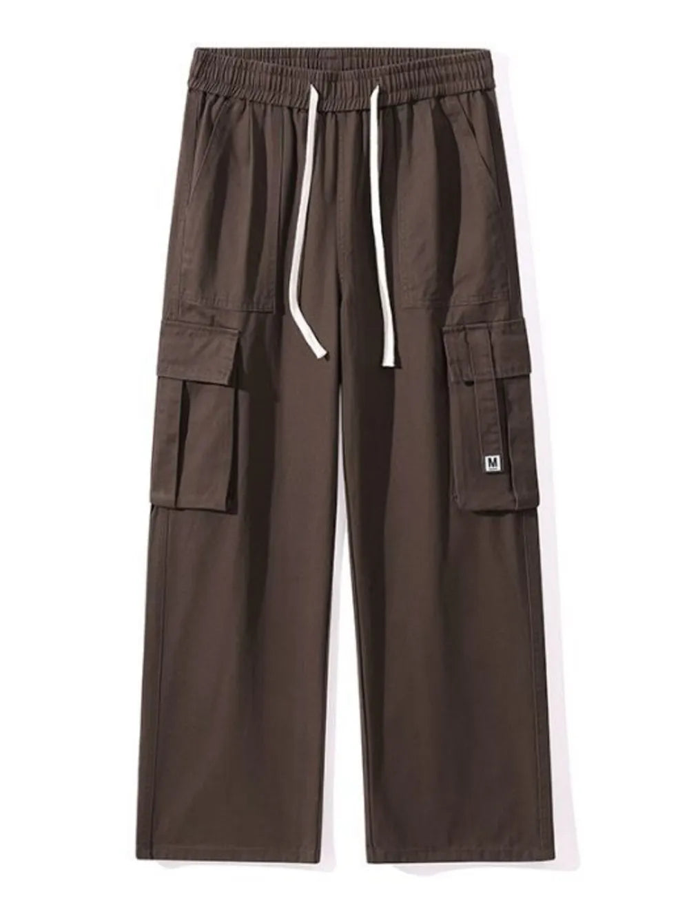 Comfort-driven wide-leg cargo sweatpants in coffee with drawstring waist and multiple pockets.