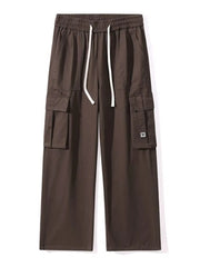 Comfort-driven wide-leg cargo sweatpants in coffee with drawstring waist and multiple pockets.