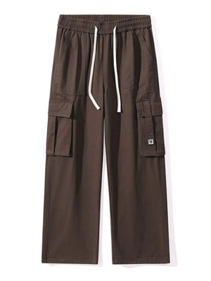 Comfort-driven wide-leg cargo sweatpants in coffee with drawstring waist and multiple pockets.