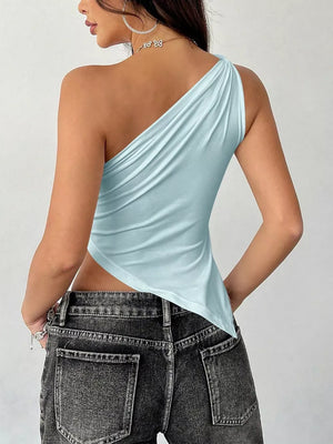 Light blue asymmetrical one-shoulder cami with draped detail and raw hem