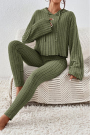 Army green ribbed knit cropped lounge set with hoodie and leggings.