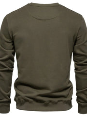 Army green crewneck sweatshirt with subtle patch detail on back yoke.