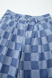 Checkerboard denim wide leg trousers in dusty blue with pleated front detail.