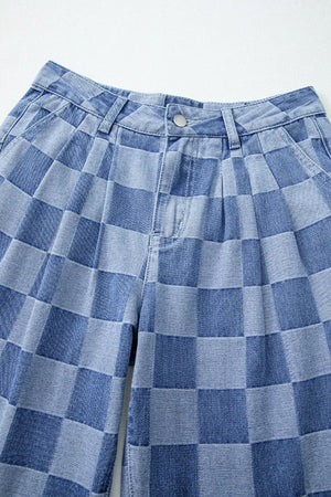 Checkerboard denim wide leg trousers in dusty blue with pleated front detail.