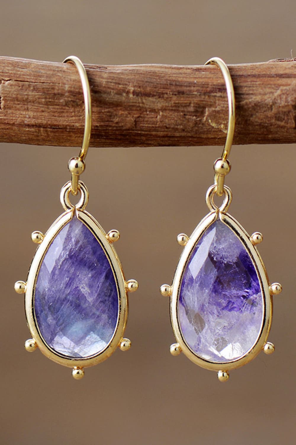 Amethyst teardrop earrings with gold detailing and beaded accents