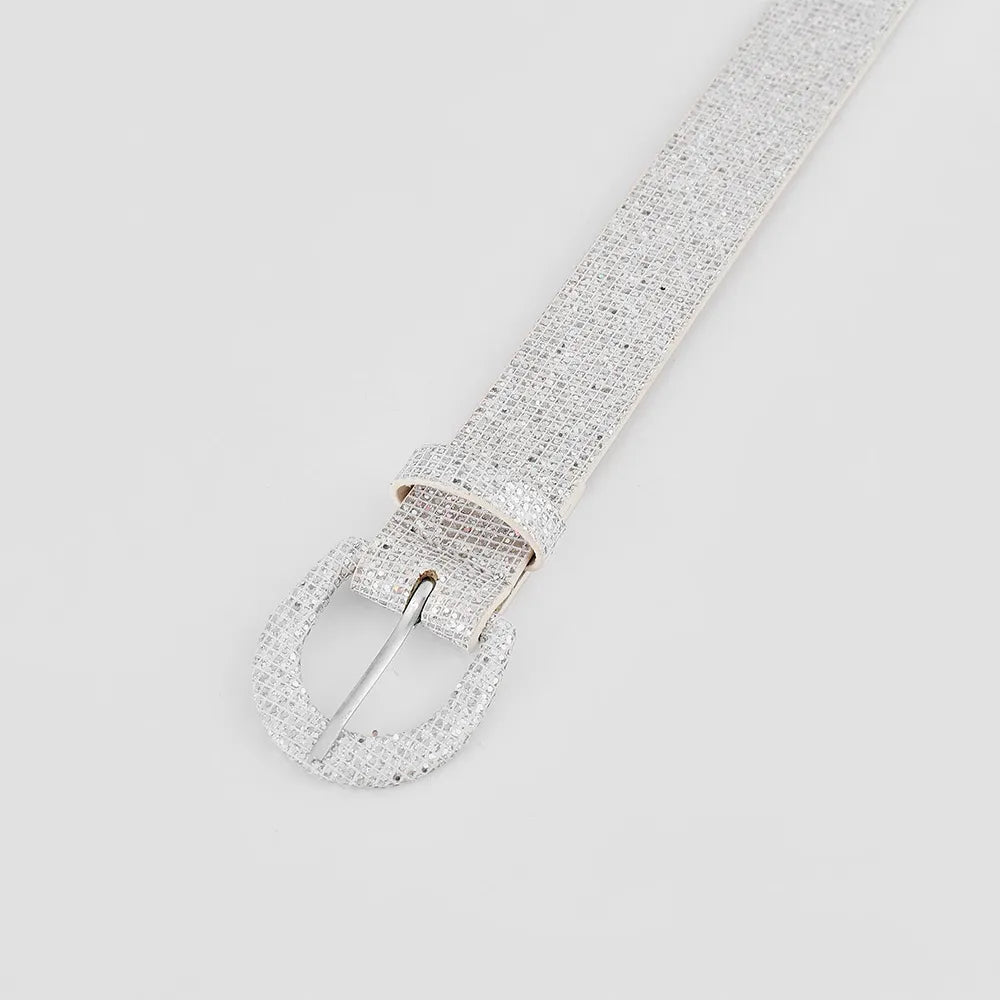 Silver glitter micro-studded belt with a silver buckle.
