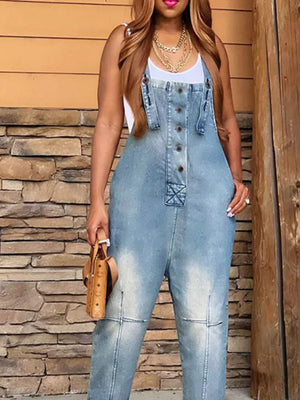 Light blue denim overalls with button-front, adjustable straps, and a casual fit.