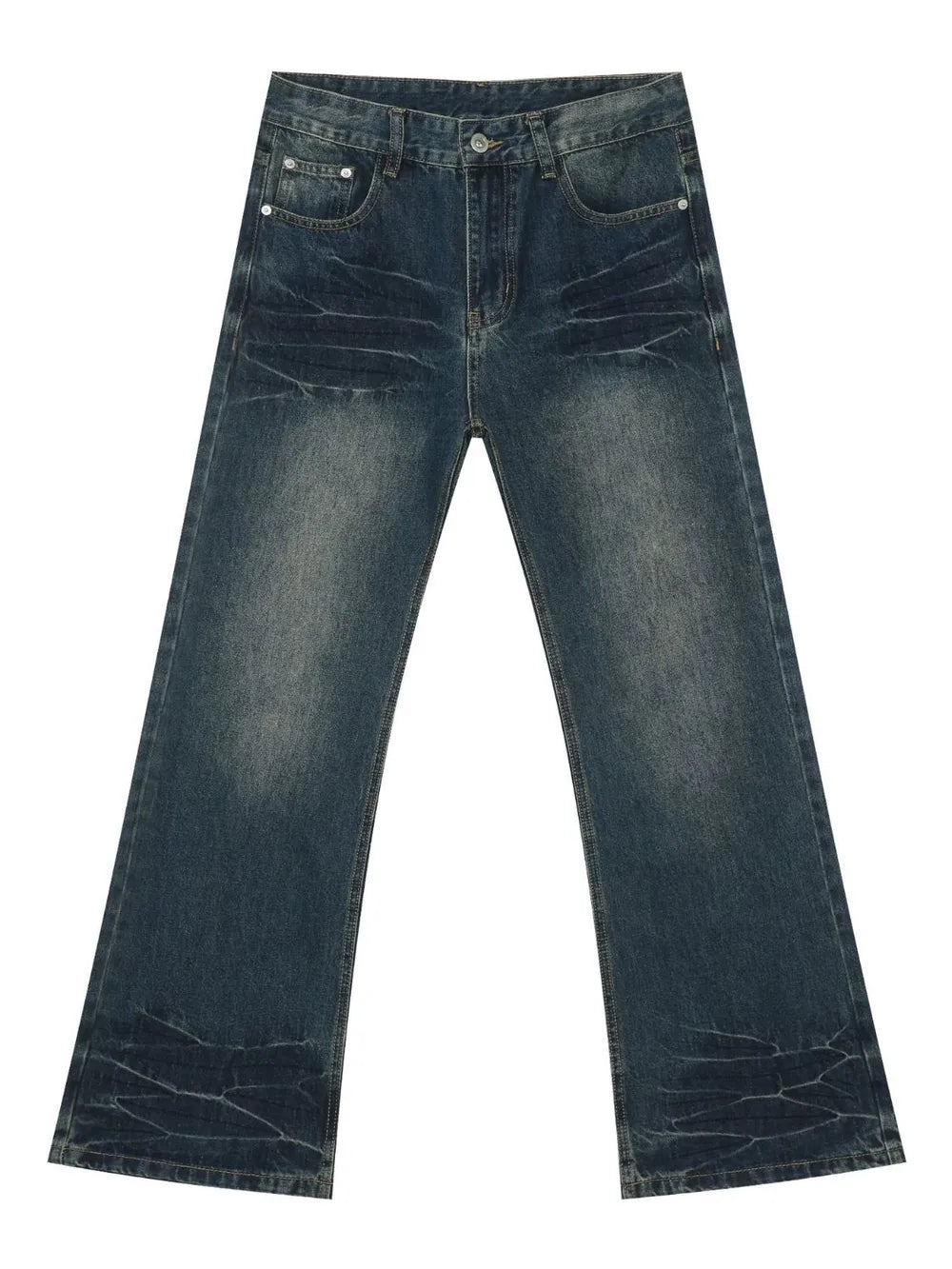 Faded wash flare jeans in dark denim with a bootcut leg and distressed details.