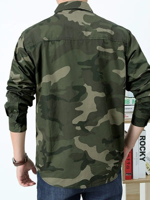 Men's Plus Size Camouflage Print Long Sleeve Shirt in Army Green, close-up detail