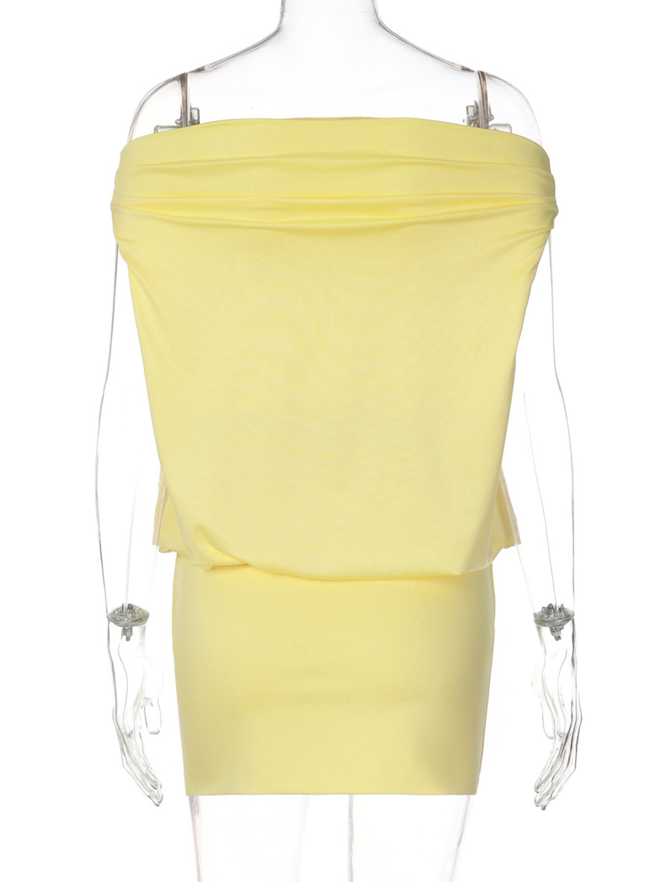 Yellow off-shoulder ruched mini dress with draped bodice detail