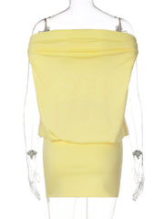 Yellow off-shoulder ruched mini dress with draped bodice detail