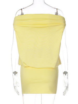 Yellow off-shoulder ruched mini dress with draped bodice detail