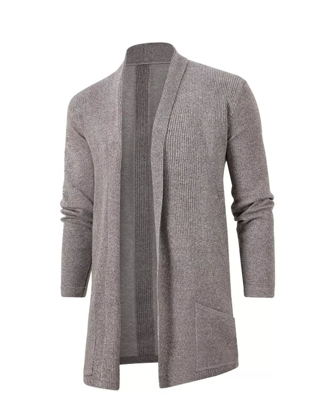 Gray heathered longline cardigan with pockets and ribbed detail.