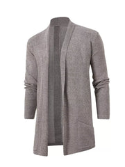 Gray heathered longline cardigan with pockets and ribbed detail.