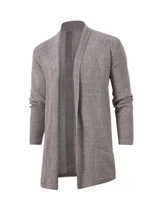 Gray heathered longline cardigan with pockets and ribbed detail.