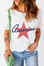 White t-shirt with red star and navy America graphic, short sleeves, crew neck.