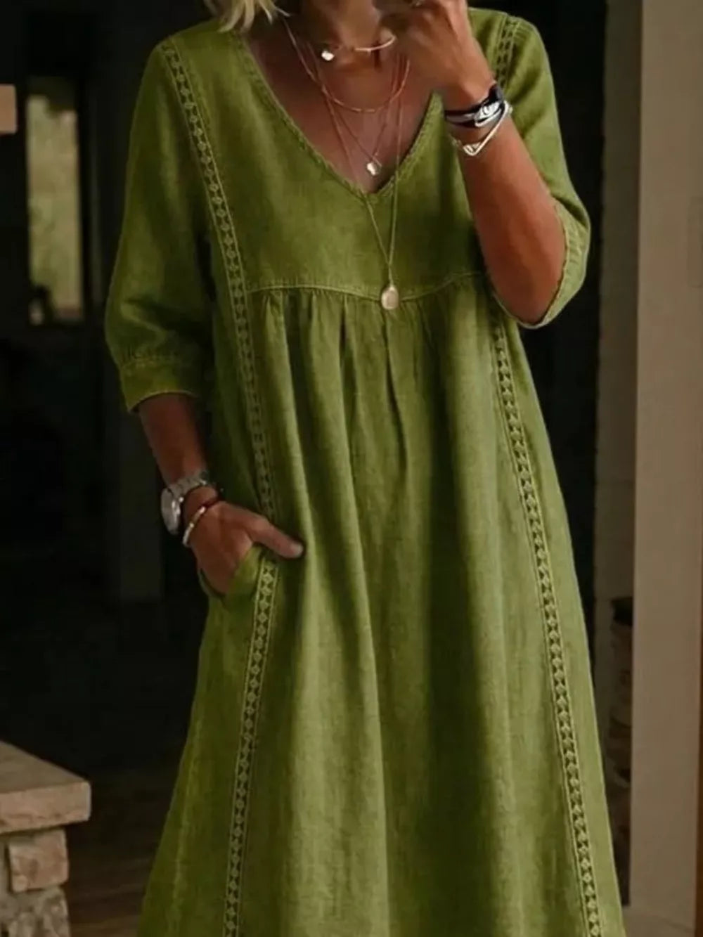Full Size V-neck 3/4 Sleeve Midi Dress Plus Size, model styling view