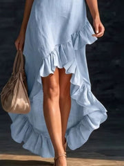 Light blue high-low ruffle hem dress with asymmetrical ruffled skirt detail
