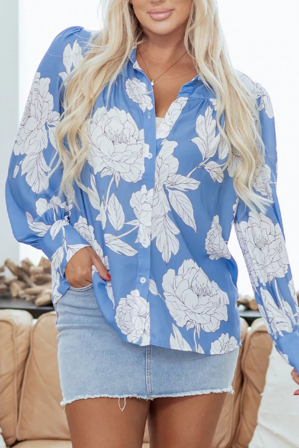 Floral Print Button-up Shirt in Blue, side view