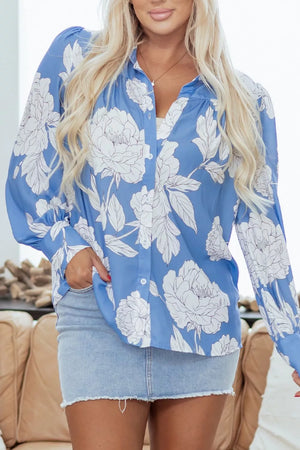 Floral Print Button-up Shirt in Blue, side view
