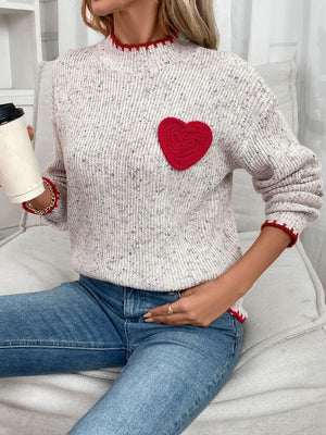 Light Gray ribbed knit sweater with red heart appliqué and trim.