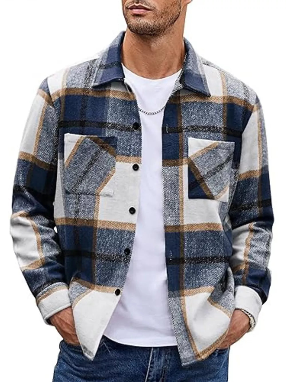 Men's plaid button-up shirt in blue, white, and brown cotton with chest pockets.