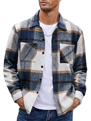 Men's plaid button-up shirt in blue, white, and brown cotton with chest pockets.