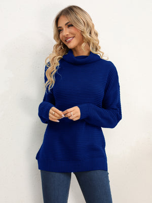 Dark Blue textured knit oversized turtleneck pullover sweater with ribbed details.