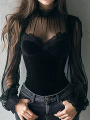 blouse in black featuring lace trim and fitted fit