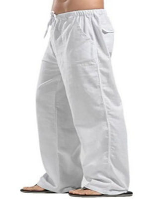 White linen drawstring trousers with pockets and a relaxed fit.