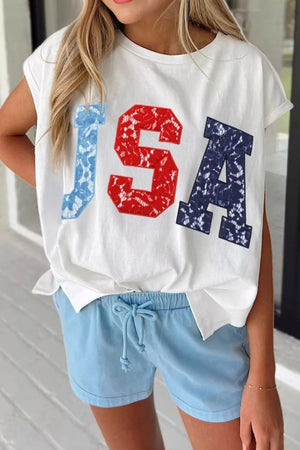 White dolman t-shirt with USA lace graphic, short sleeves, and polyester fabric.