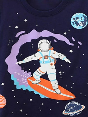 Navy cotton t-shirt with astronaut surfing on orange board in space graphic.
