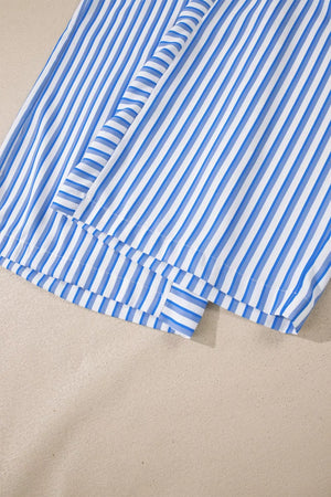 Blue and white striped maternity pants with wide legs and pockets