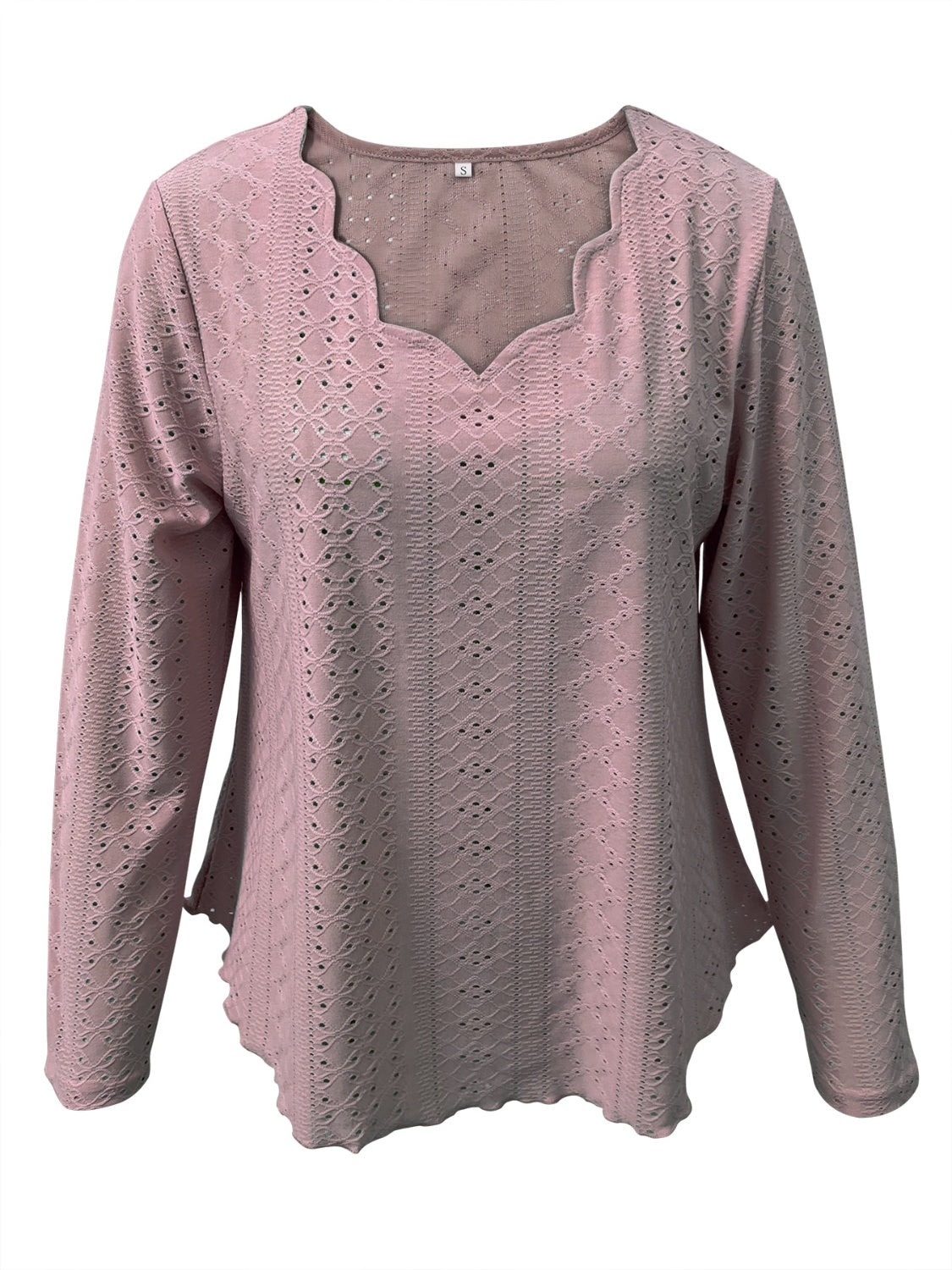 Dusty Pink eyelet blouse with scalloped neckline and long sleeves.