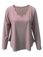 Dusty Pink eyelet blouse with scalloped neckline and long sleeves.
