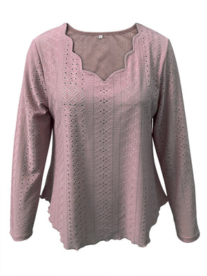 Dusty Pink eyelet blouse with scalloped neckline and long sleeves.