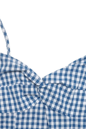 Blue gingham midi dress with knot-front detail and spaghetti straps.
