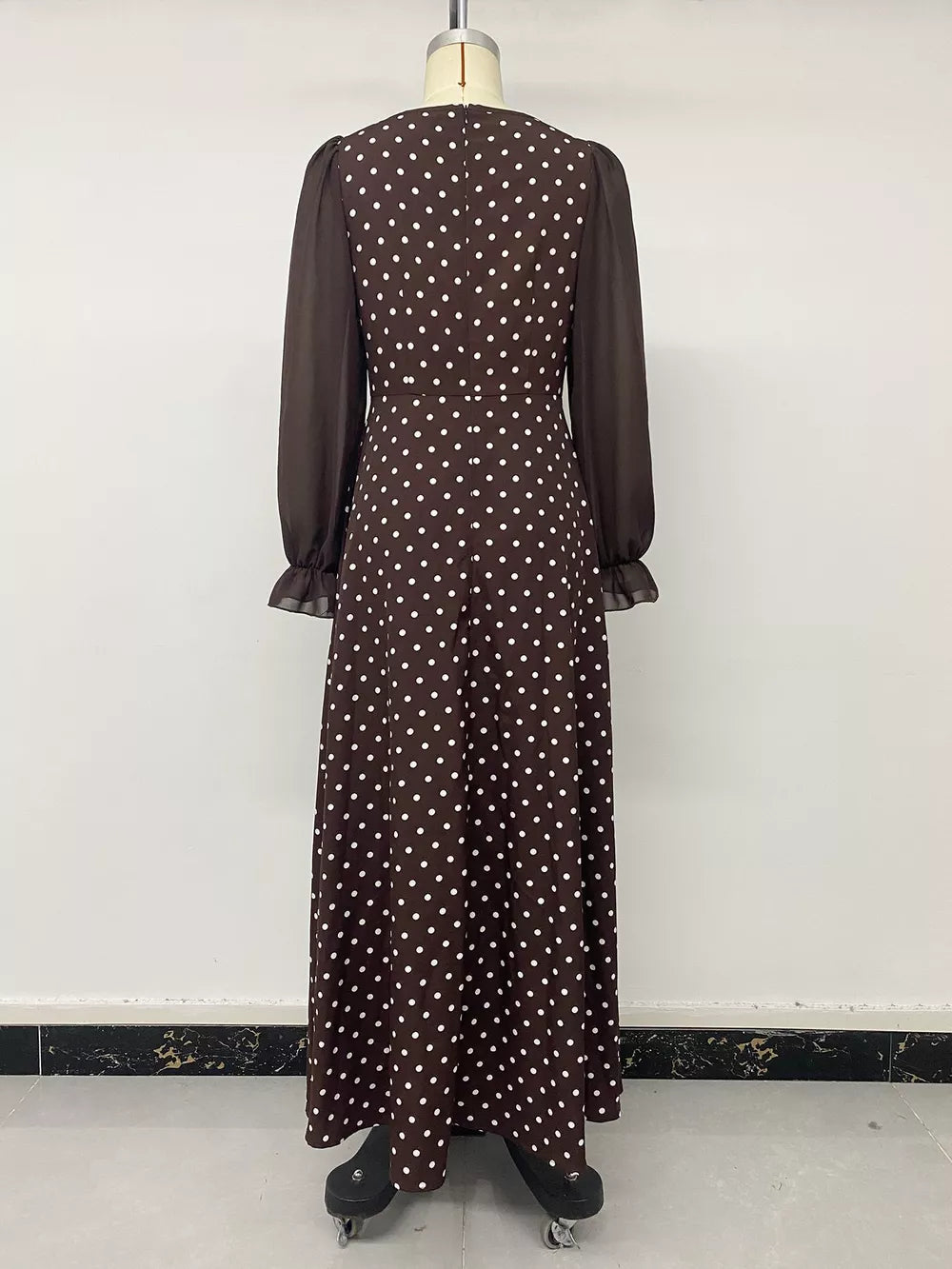 Polka Dot Square Neck Long Sleeve Maxi Dress in Brown, product detail