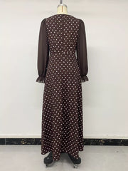 Polka Dot Square Neck Long Sleeve Maxi Dress in Brown, product detail