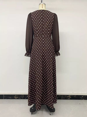 Polka Dot Square Neck Long Sleeve Maxi Dress in Brown, product detail