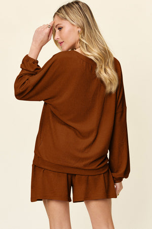 Caramel waffle knit lounge set with blouson sleeves and shorts.