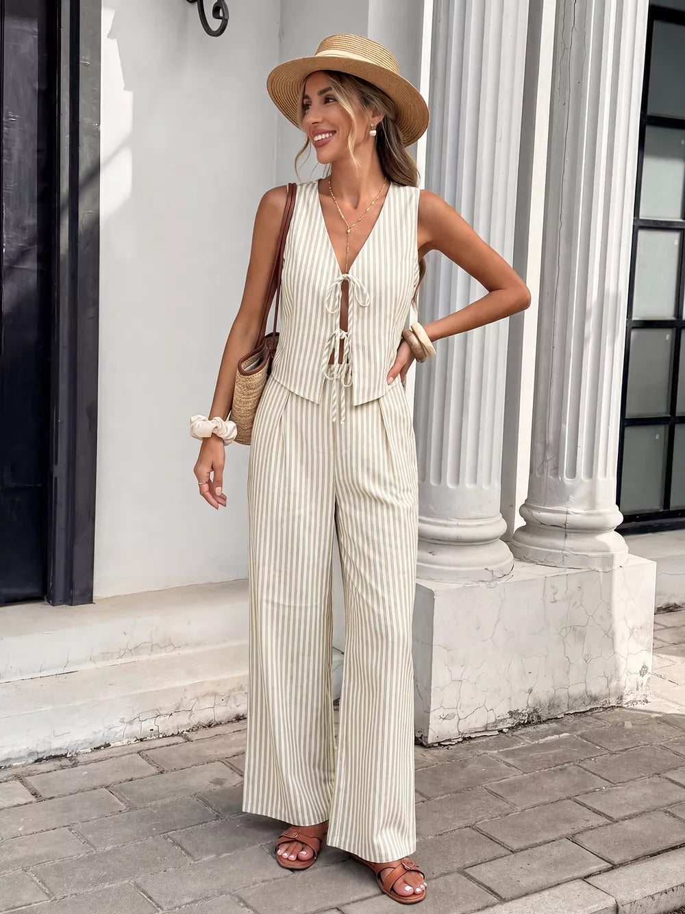 Chic striped cotton vest and wide-leg pants set with tie front vest.