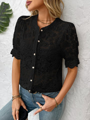 Black floral lace blouse with mandarin collar, puff sleeves, and pearl buttons.