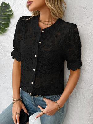 Black floral lace blouse with mandarin collar, puff sleeves, and pearl buttons.