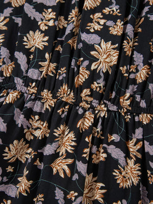 Floral babydoll dress with ruched waist and dark floral print.