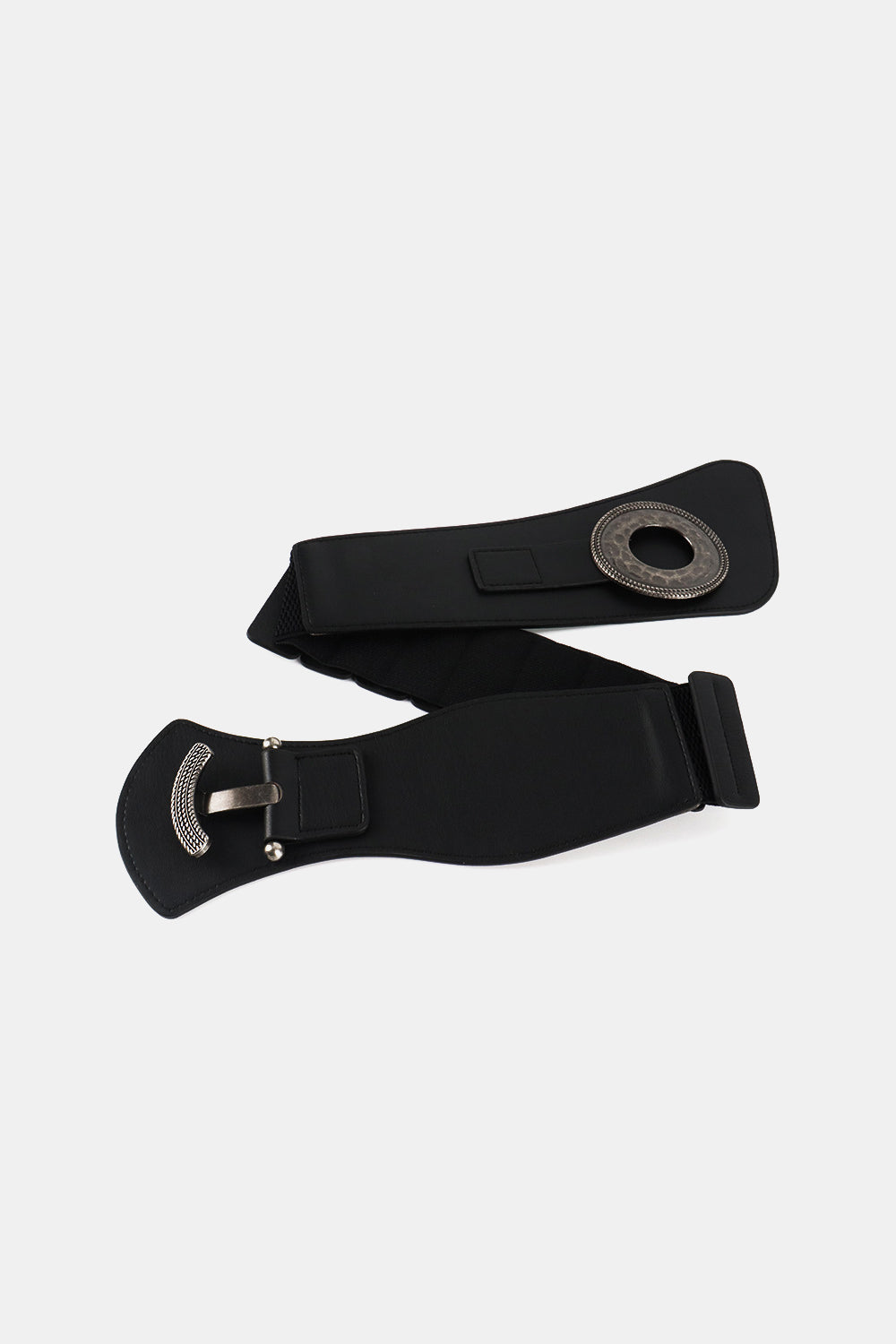 Black wide elastic belt with sculpted alloy buckles and adjustable closure