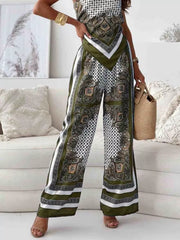 Chic printed cami and wide-leg pants set in green paisley and polka dot pattern.