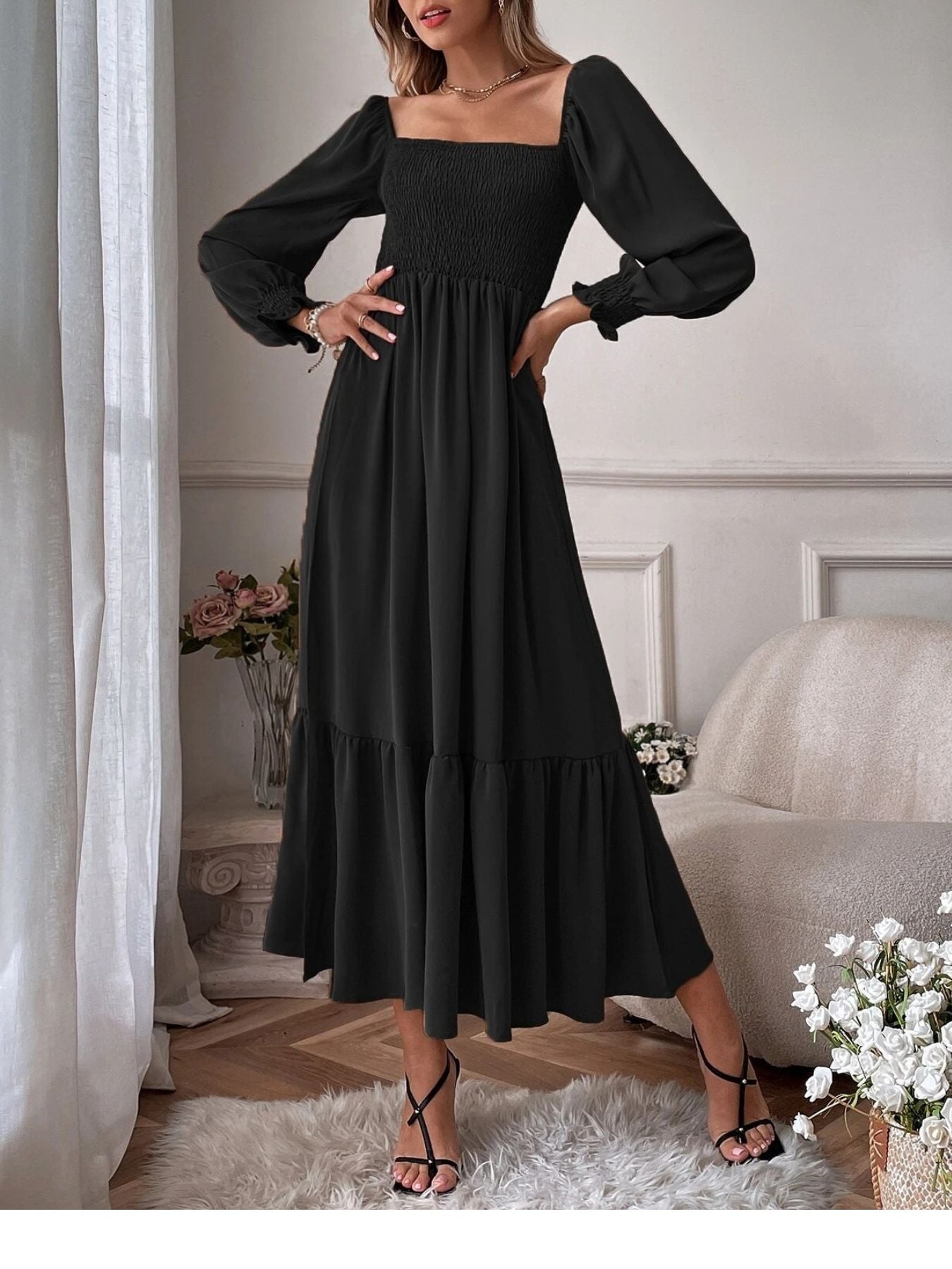 Black smocked midi dress with puff sleeves, square neckline, and tiered ruffle hem.