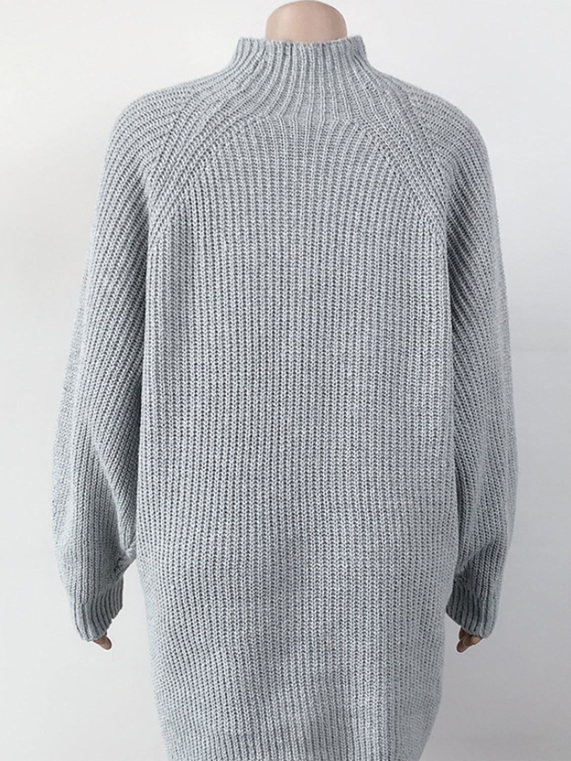 Cloudy Blue ribbed knit cocoon turtleneck dress with long sleeves.